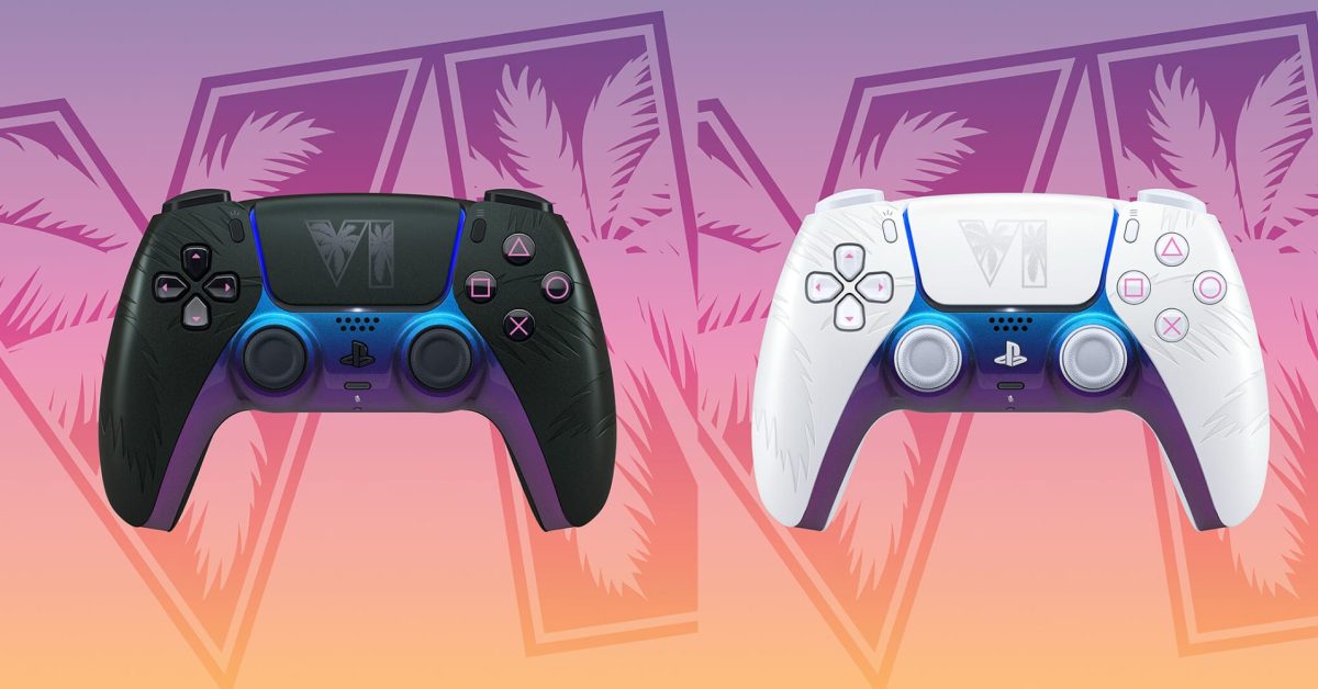 Two custom Grand Theft Auto VI themed DualSense wireless controllers, one black and one white, side-by-side.