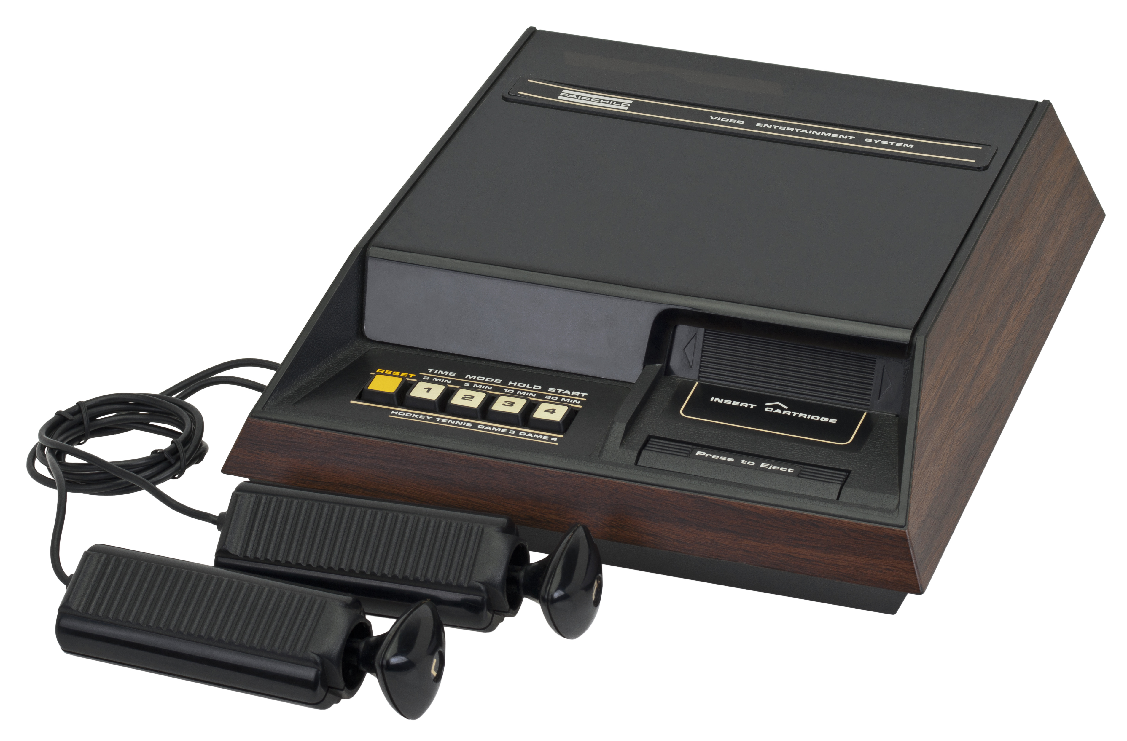Fairchild Channel F console with two hard-wired controllers on a white background