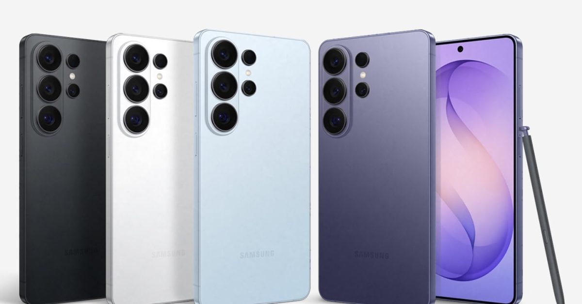 Four Samsung Galaxy smartphones in different colors are lined up next to a stylus on a white background.