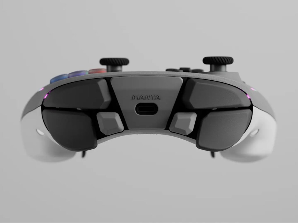 Top view of a gray Manta game controller showing its triggers, bumpers, and USB-C port.