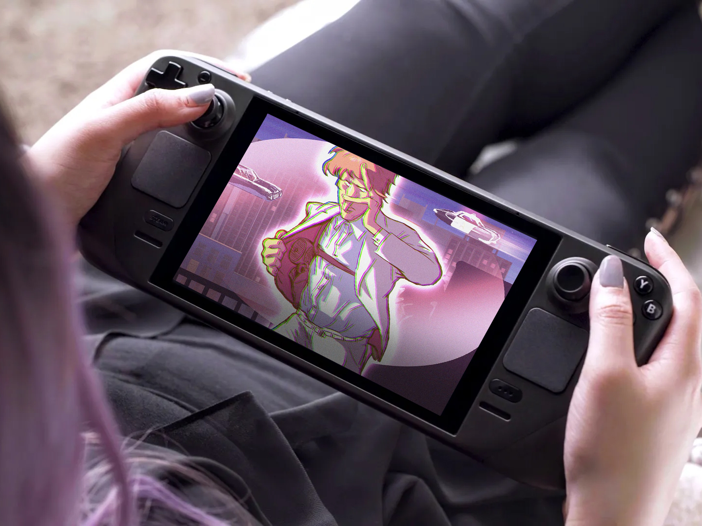 A person holds a Steam Deck console displaying an animated game scene of a man in a suit.