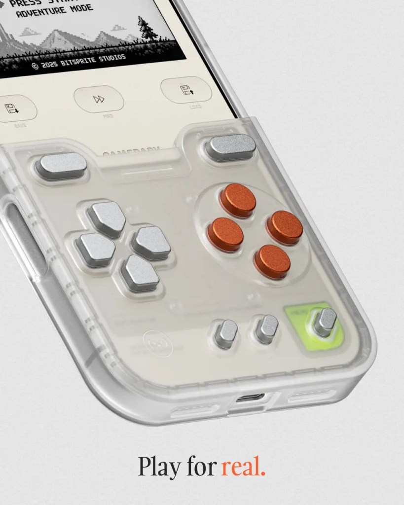 A clear smartphone case with physical gaming buttons attached to the bottom, displaying a retro game on screen.