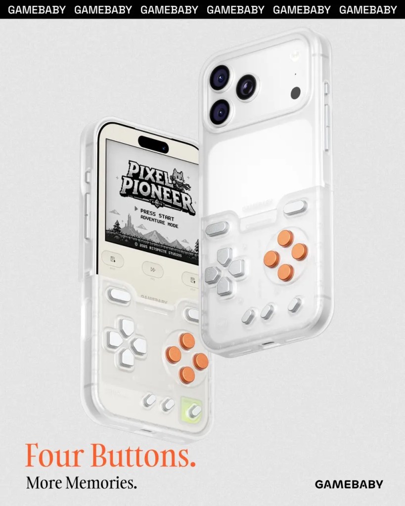 A clear Gamebaby phone case with physical gaming buttons, displaying a retro game on the screen.