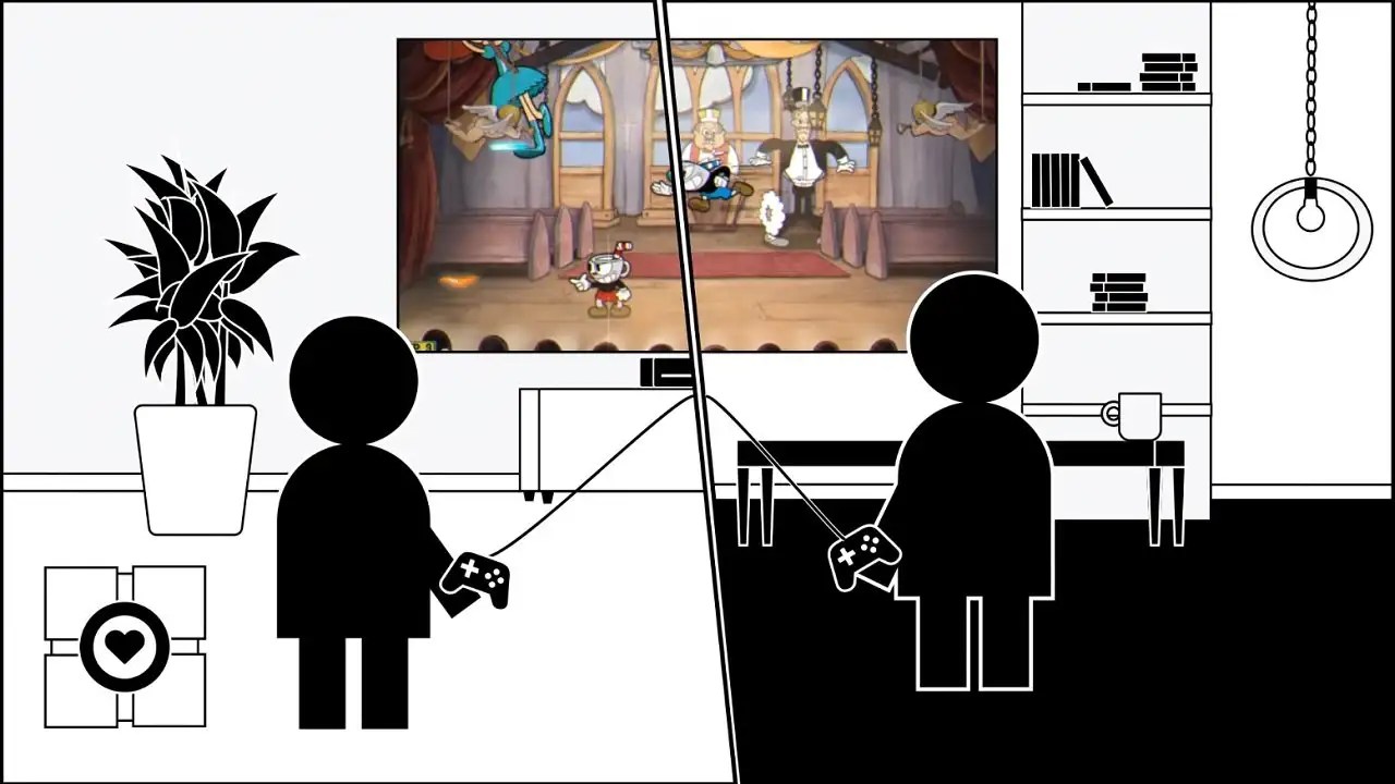 Two silhouetted figures holding controllers play a video game on a television split down the middle.