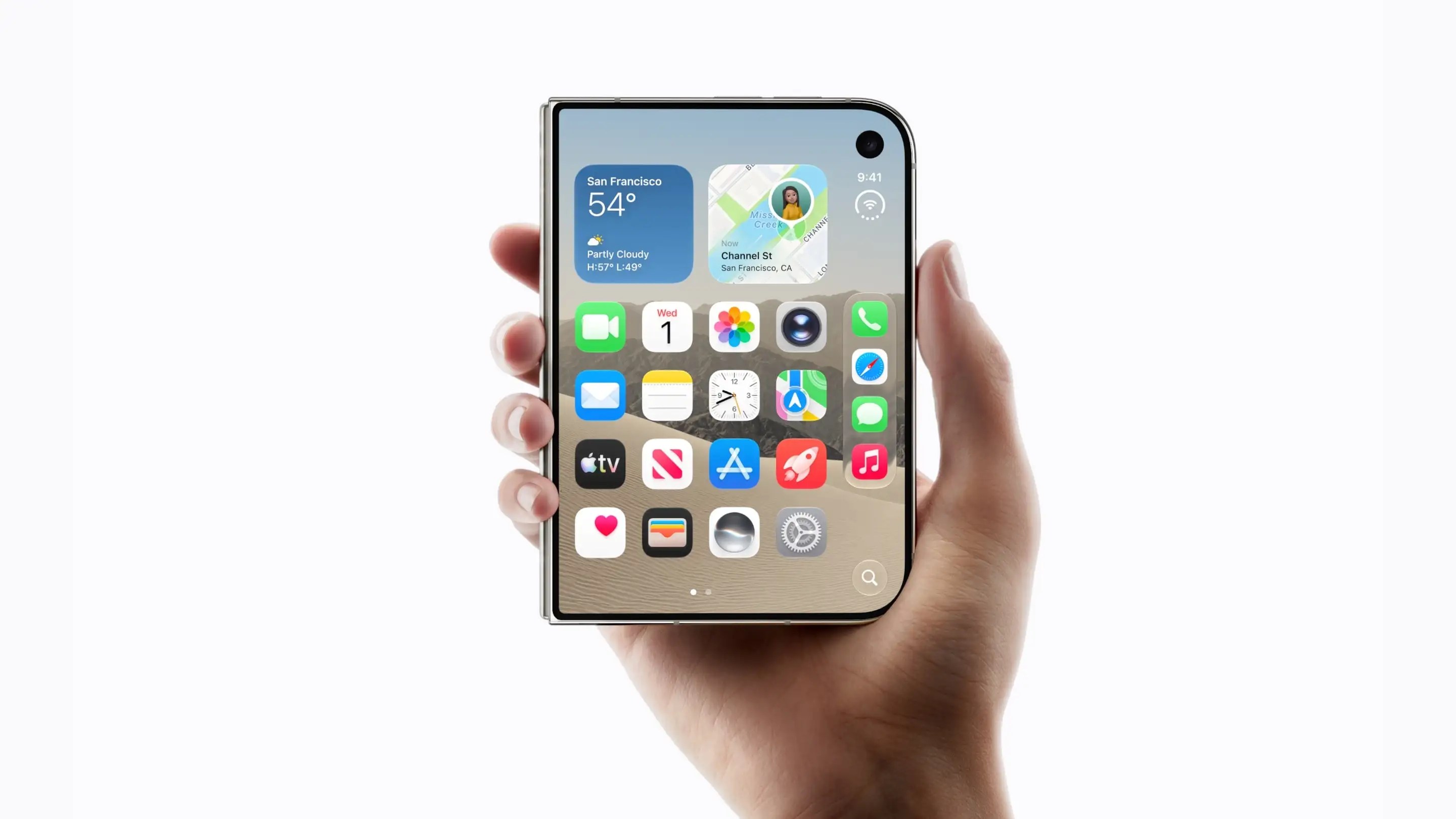 A person holds a compact foldable smartphone displaying a customizable home screen with various app icons.