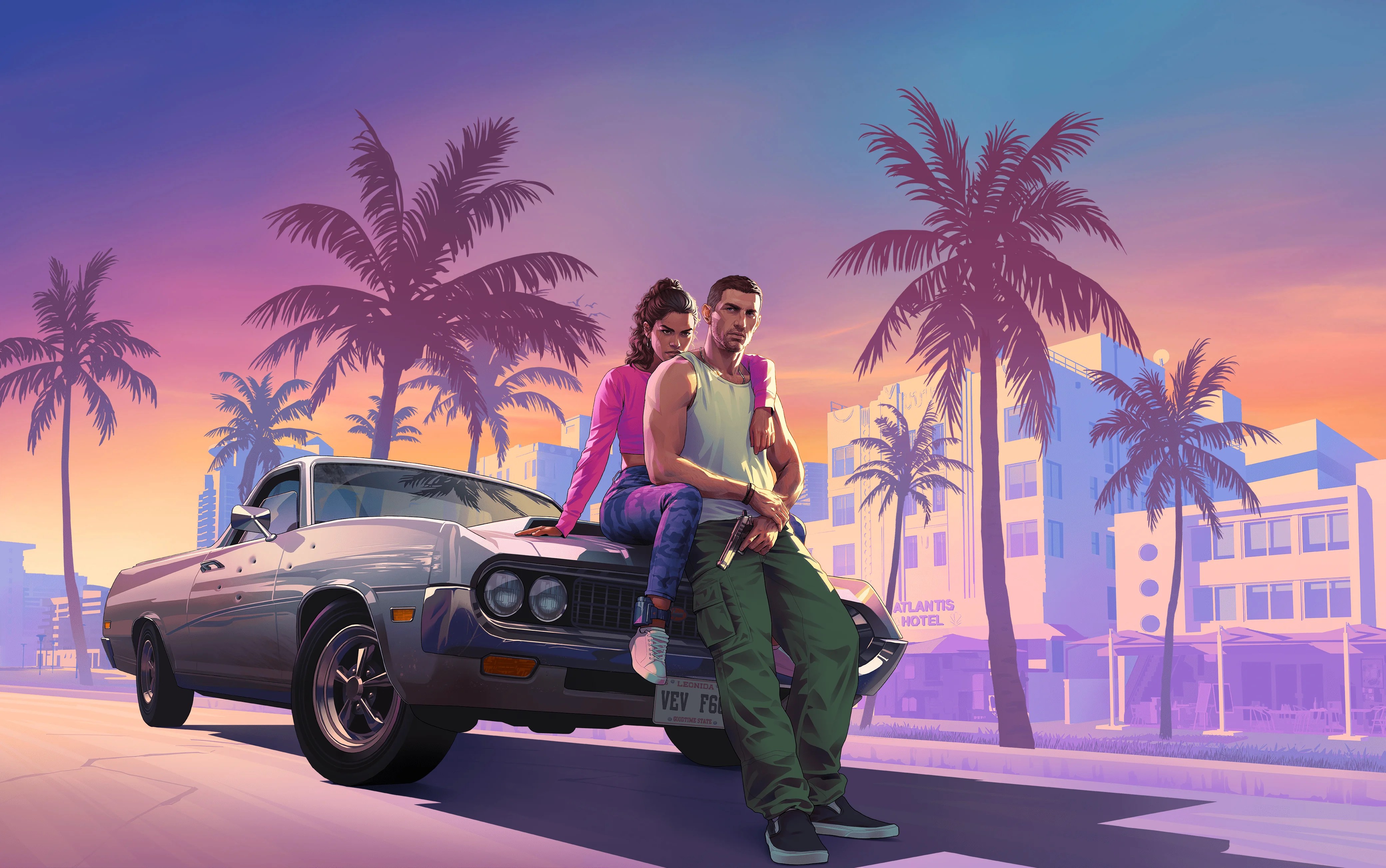 A man and woman lean against a bullet-ridden car in front of palm trees at sunset.