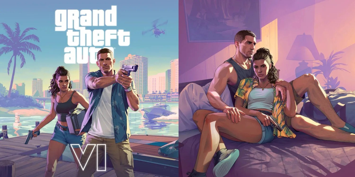 Promotional artwork for Grand Theft Auto VI featuring protagonists Lucia and Jason holding firearms in Vice City.