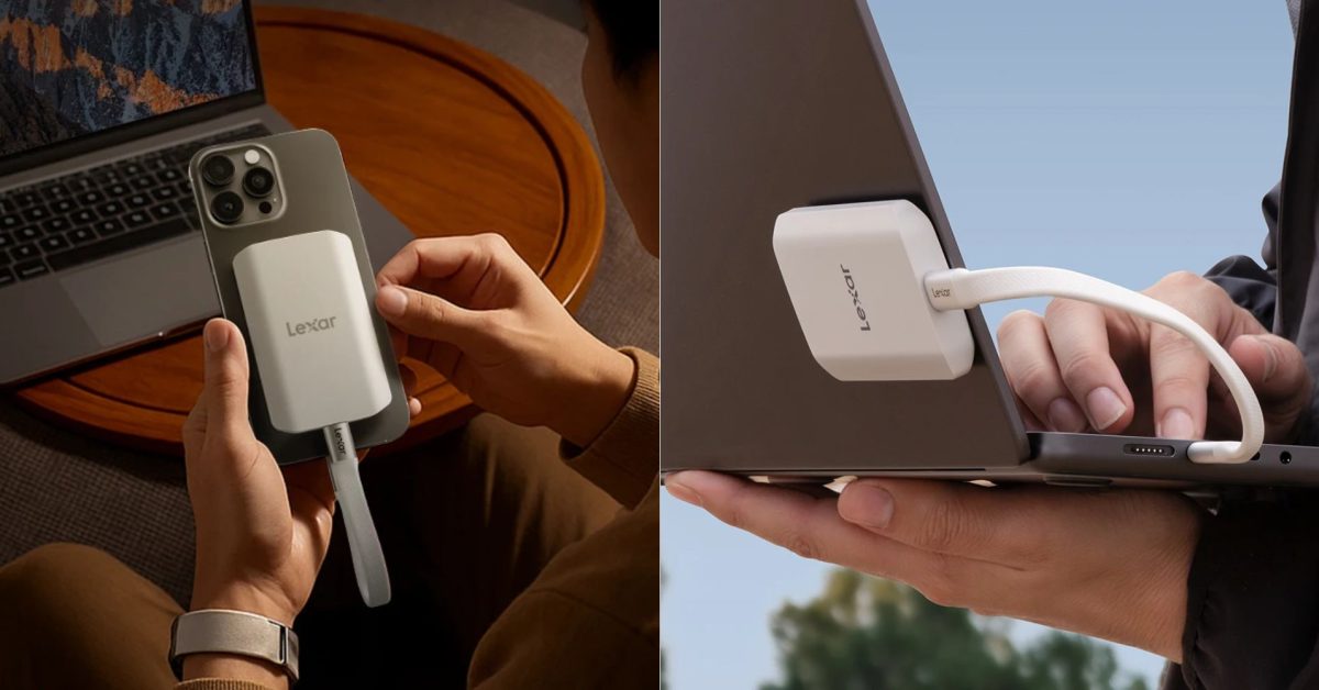 A Lexar ES5 MagSafe SSD attached magnetically to the back of a smartphone and laptop.