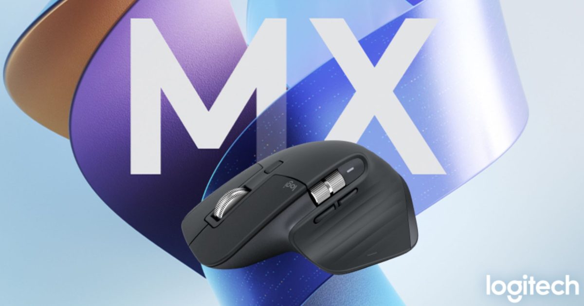 A black Logitech MX Master 3S mouse is displayed against an abstract backdrop with giant MX letters.