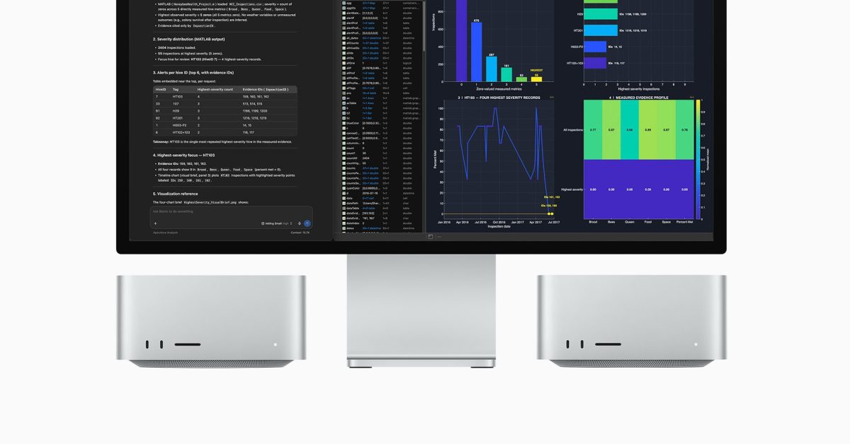 A large desktop monitor displays complex data visualizations and text beside two compact Mac Studio computers.