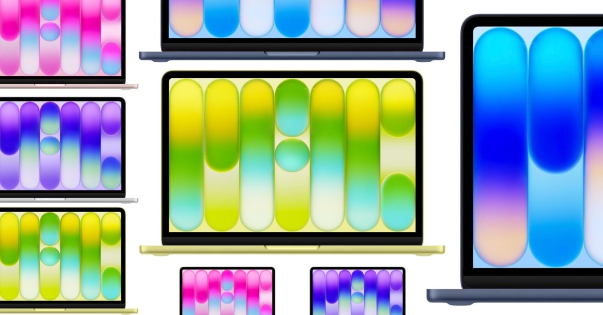 Multiple MacBook laptops are arranged together, displaying vibrant, abstract pill-shaped patterns on their screens.