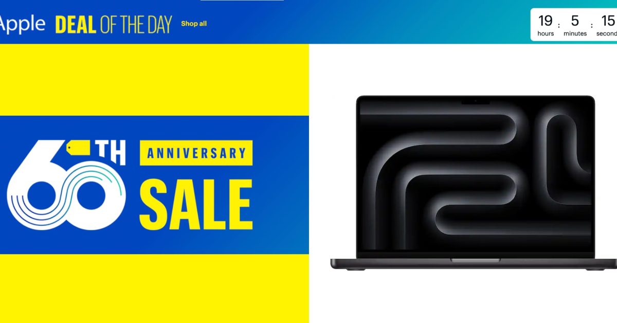 An Apple Deal of the Day banner advertising a 60th Anniversary Sale next to a MacBook Pro.
