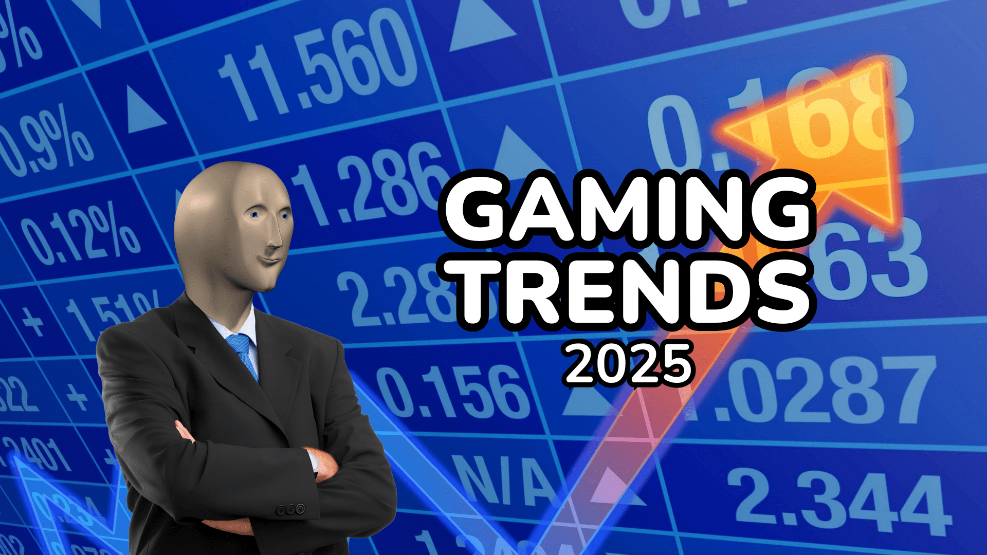 A person in a suit with a smooth, featureless head stands with arms crossed in front of a digital stock market background. Bold text reads Gaming Trends 2025 alongside an upward-pointing arrow.
