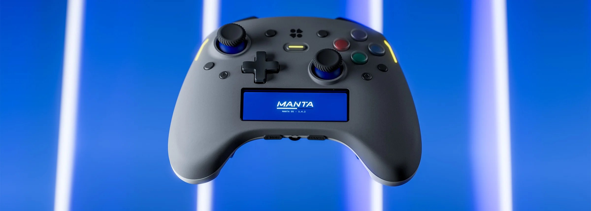 A grey Manta gaming controller with a blue screen displaying the Manta logo against a blue background.