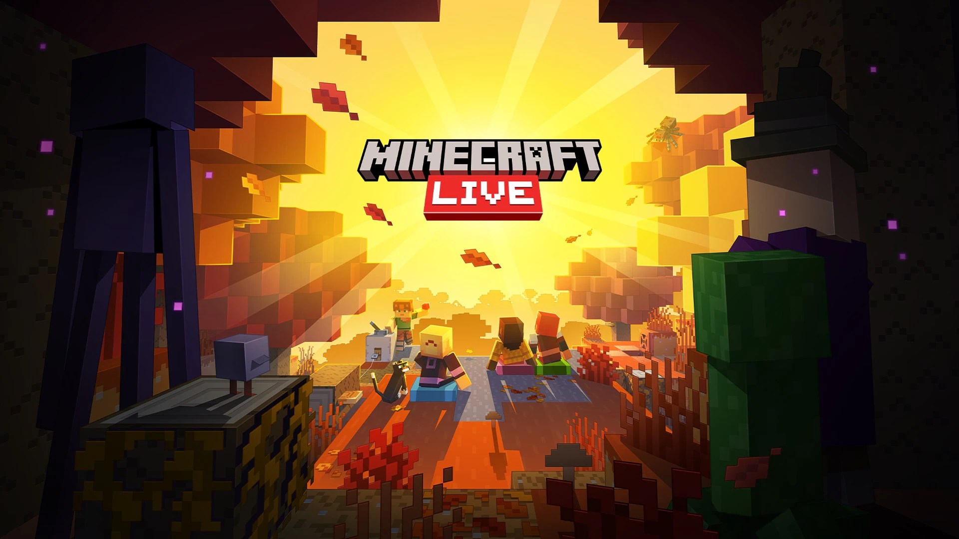 Minecraft Live logo shines above a blocky sunset landscape featuring players and iconic game mobs.