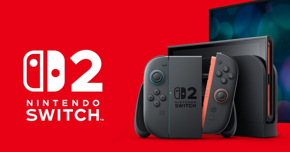 A mock-up of a Nintendo Switch 2 console and controllers next to a red logo on a red background.