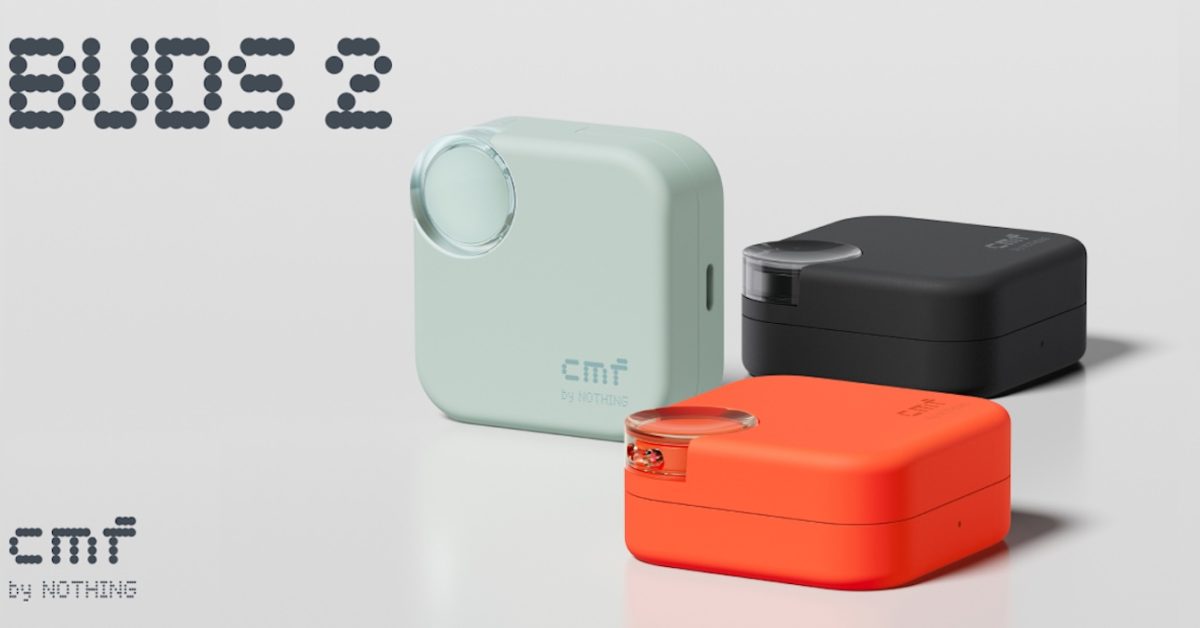 Three CMF Buds 2 charging cases in light blue, black, and orange are displayed on a white background.