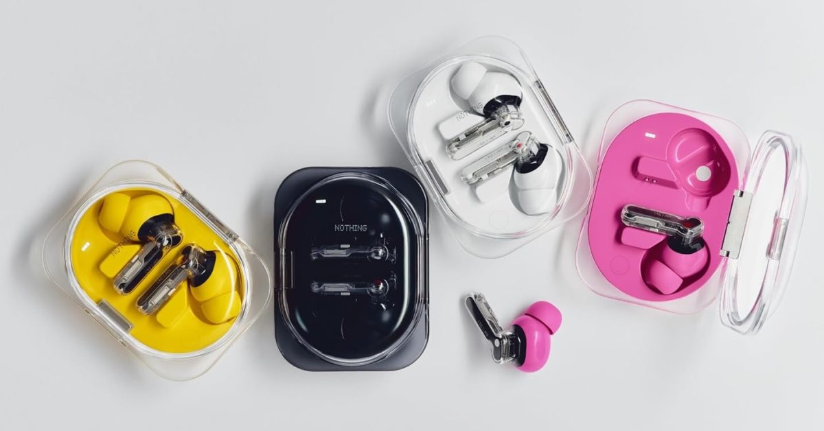 Nothing Ear wireless earbuds and transparent charging cases displayed in yellow, black, white, and pink.