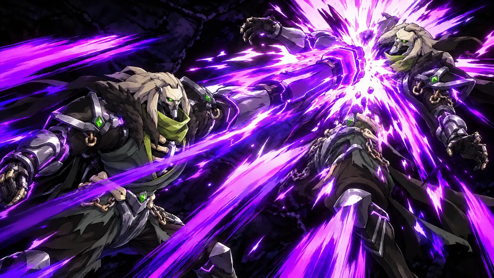 A skeletal armored warrior delivers a powerful punch that erupts into brilliant purple energy.