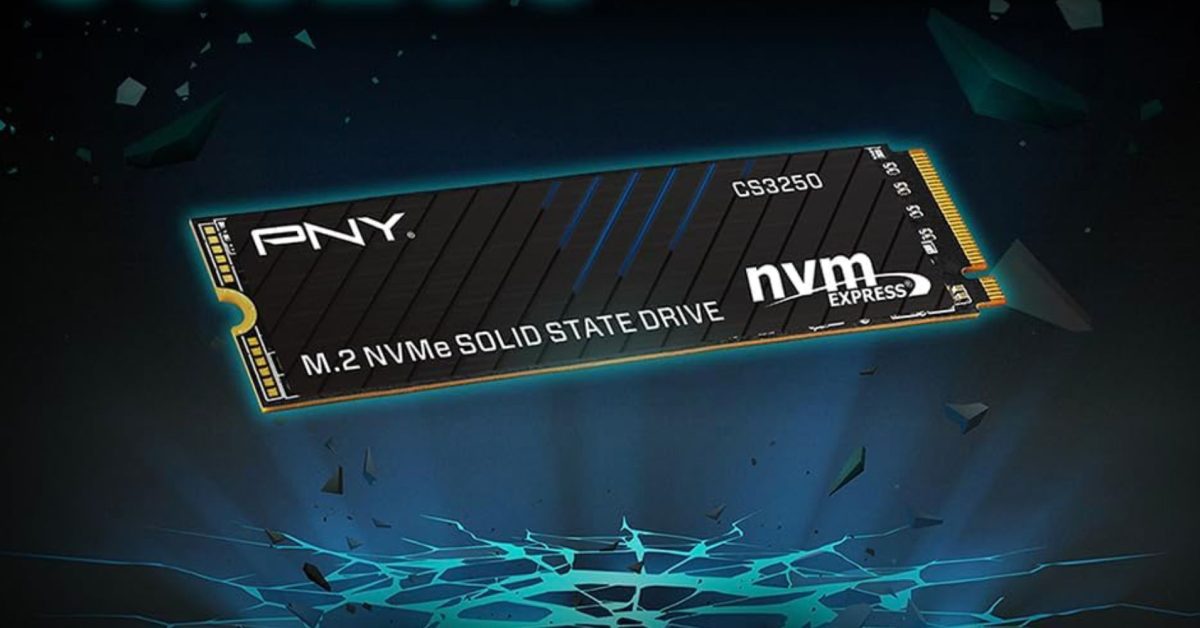 A PNY CS3250 M.2 NVMe solid state drive floats above a cracked, glowing blue surface.