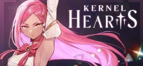 A pink-haired anime girl poses next to the white text "KERNEL HEARTS" on a dark background.