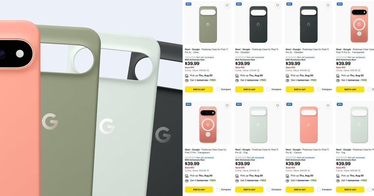 An online store display showcases Google Pixelsnap cases for the Pixel 11 Pro XL in various colors.