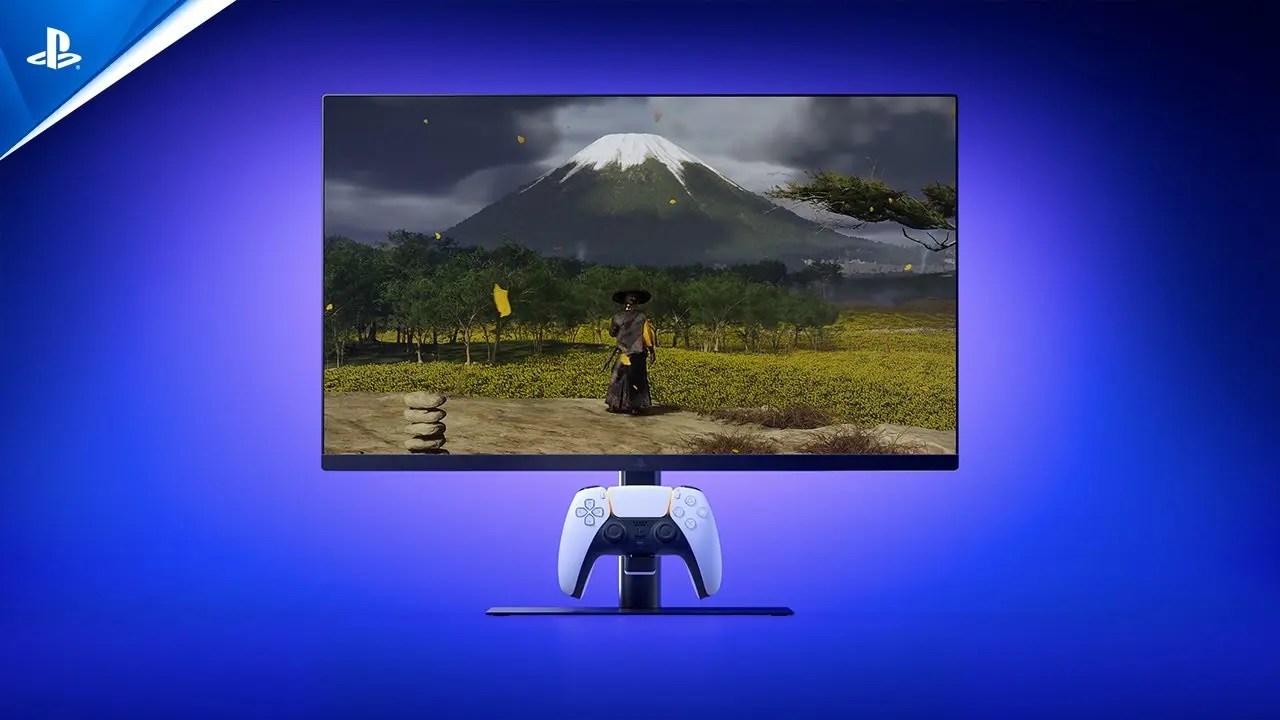 A PlayStation monitor displaying a video game scene stands behind a DualSense controller on a blue background.