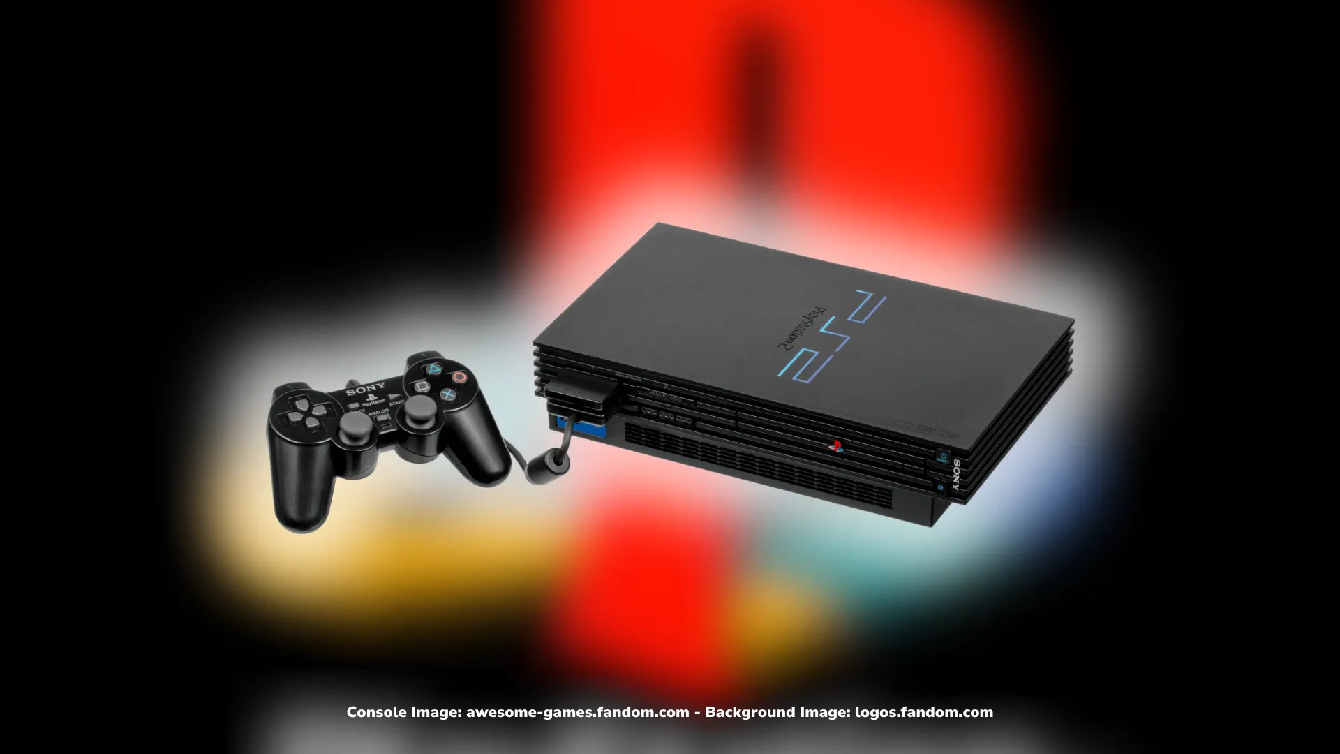 A black PlayStation 2 console and controller are displayed. The console is positioned at an angle and has visible ports and buttons. The black controller has two analog sticks and multiple buttons. The background is a blurred gradient of colors.
