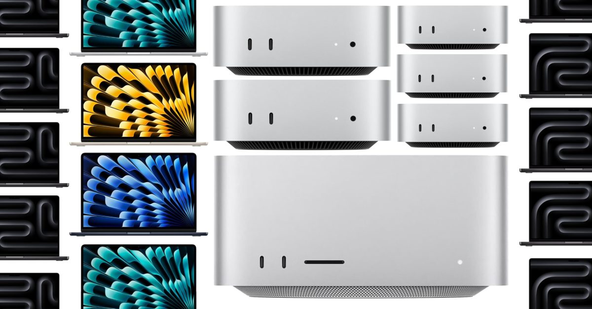 An arrangement of various Apple desktop computers and laptops displayed against a white background.