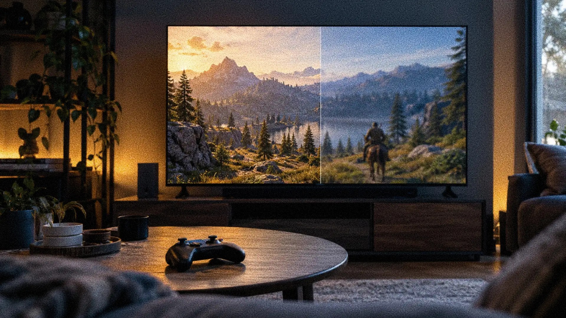 A large TV screen displays a split-screen video game comparison of mountainous landscapes.