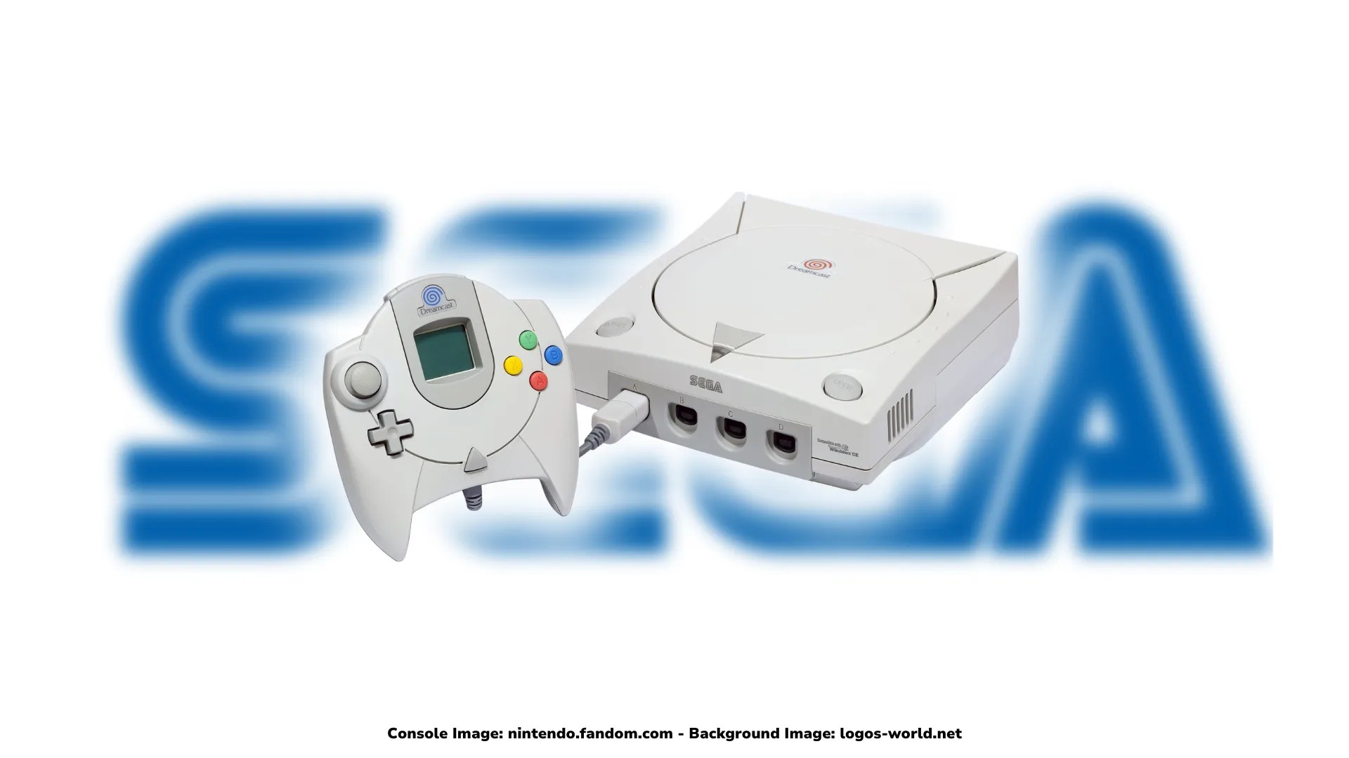 A white Sega Dreamcast console is shown with a connected controller featuring a small screen, an analog stick, a D-pad, and colorful buttons. The blue, blurred Sega logo is in the background.