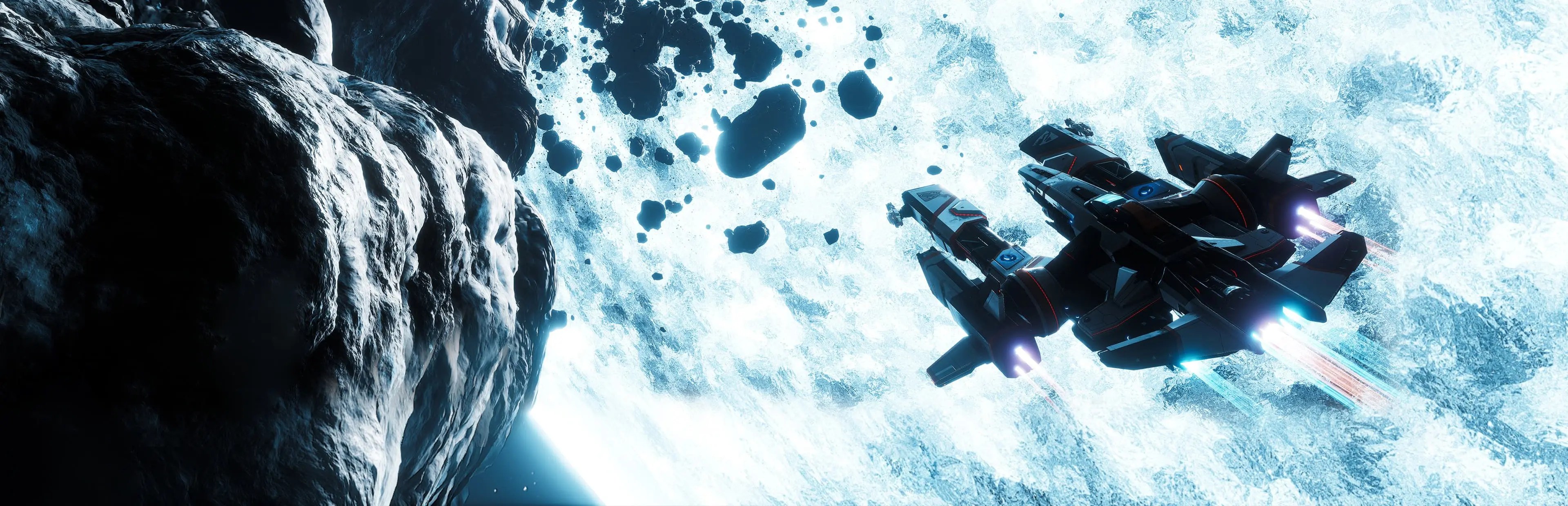 A futuristic spaceship flies through a dense asteroid field against a bright, icy blue cosmic background.