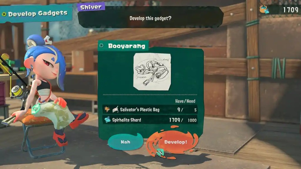 A Splatoon gadget development screen shows Shiver sitting next to a menu for crafting the Booyarang.