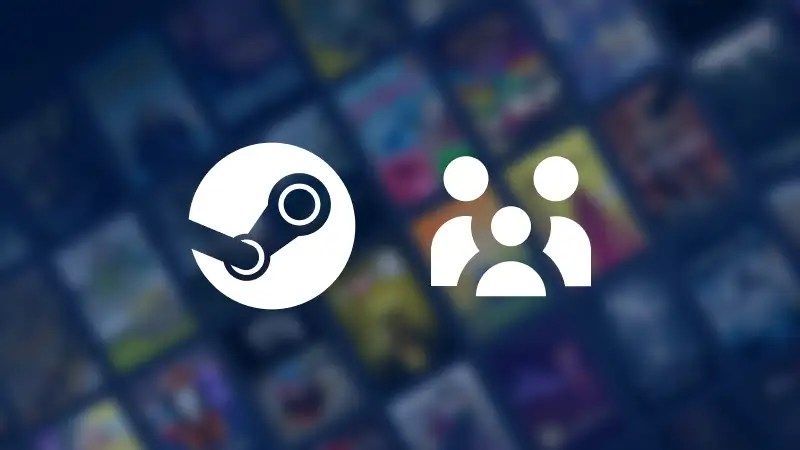 The Steam logo next to a group icon against a blurred background of game titles.