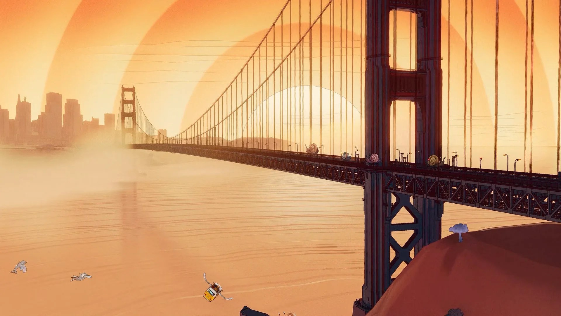 Snails crawl across a suspension bridge resembling the Golden Gate Bridge during a warm, hazy orange sunset.