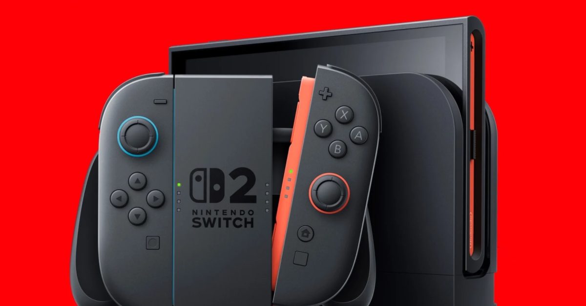 A conceptual Nintendo Switch 2 console and controllers are displayed against a solid red background.