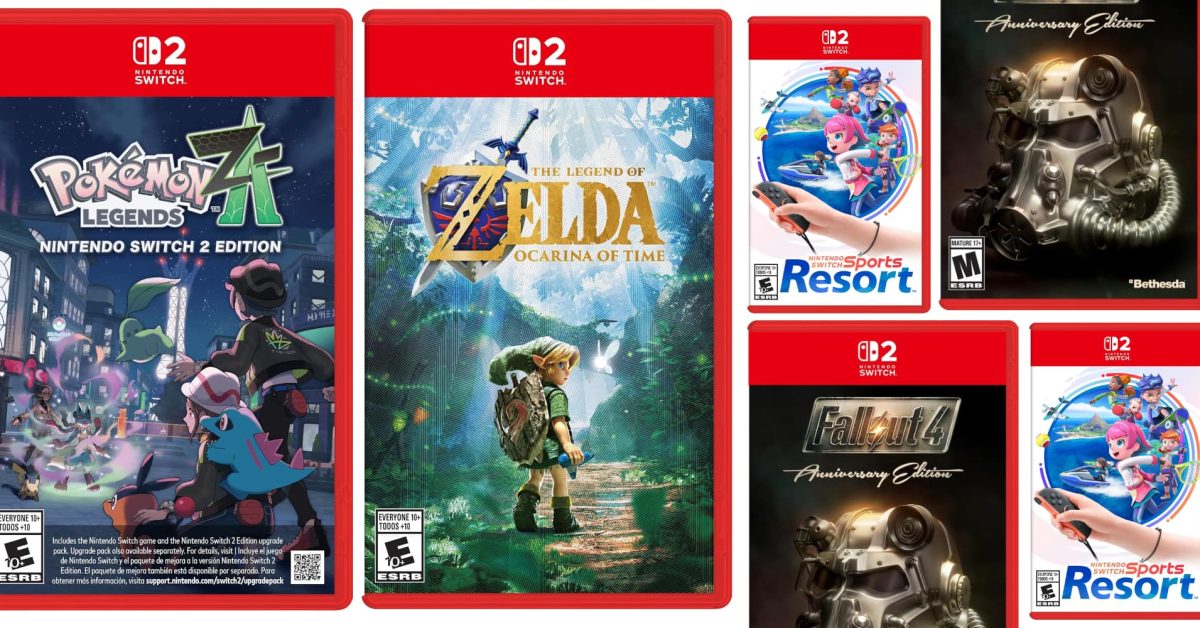 Several Nintendo Switch 2 game cases, including Pokémon Legends Z-A and Zelda, are arranged together.