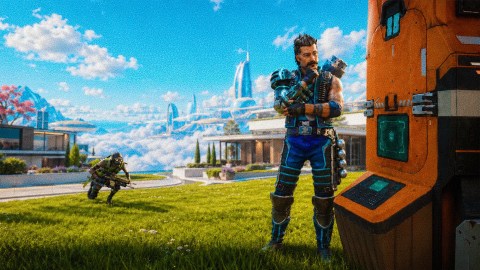 Apex Legends character Fuse stands thoughtfully beside a terminal while Octane sneaks up behind him on a grassy lawn.