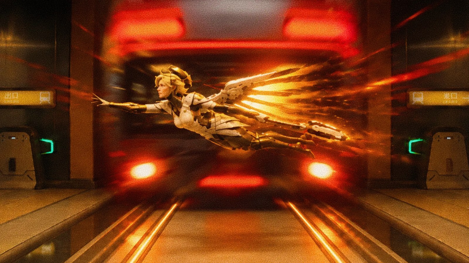 Mercy from Overwatch flies forward with glowing wings in front of a speeding subway train.