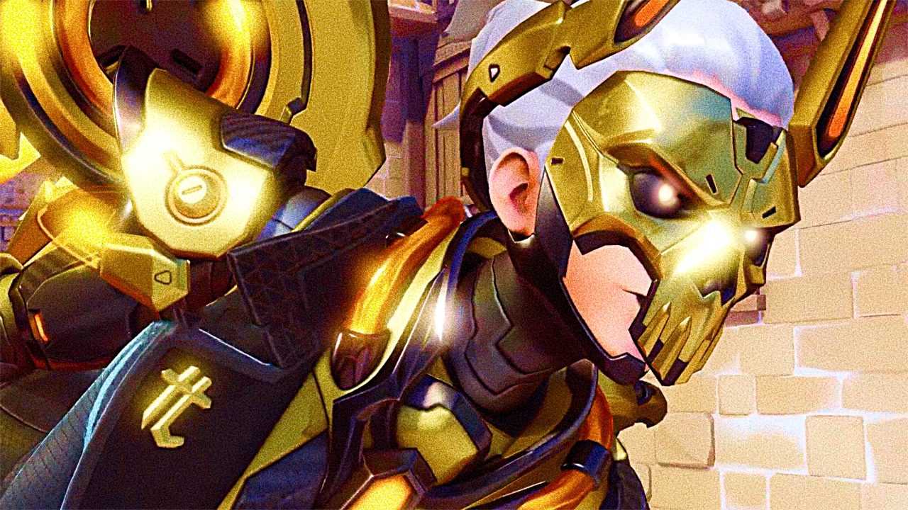 A character from Overwatch wearing a golden armor and mask with glowing eyes.