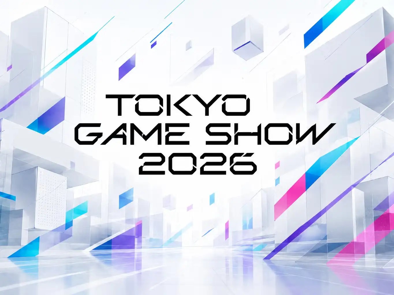 The Tokyo Game Show 2026 poster features futuristic geometric buildings and vibrant neon light streaks.