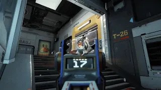 In-game screenshot showing a first-person shooter game interface with a character aiming at a target.