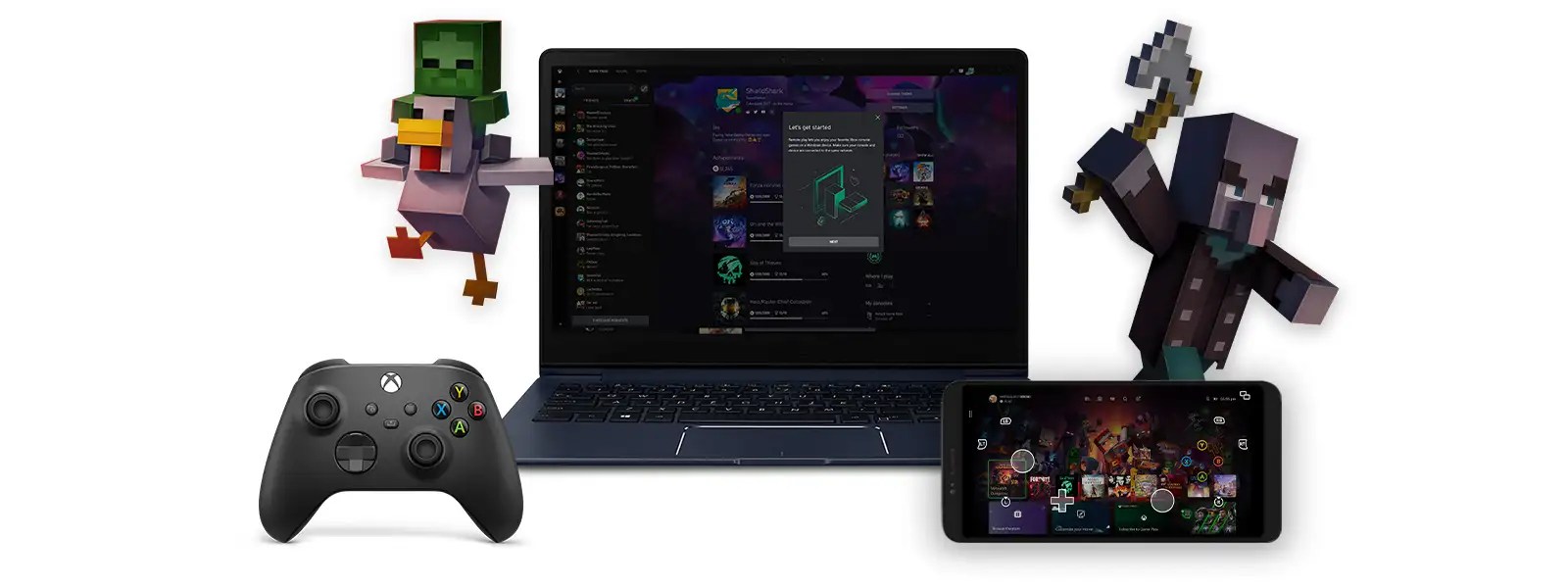 An Xbox controller, laptop, and smartphone are surrounded by Minecraft characters against a white background.