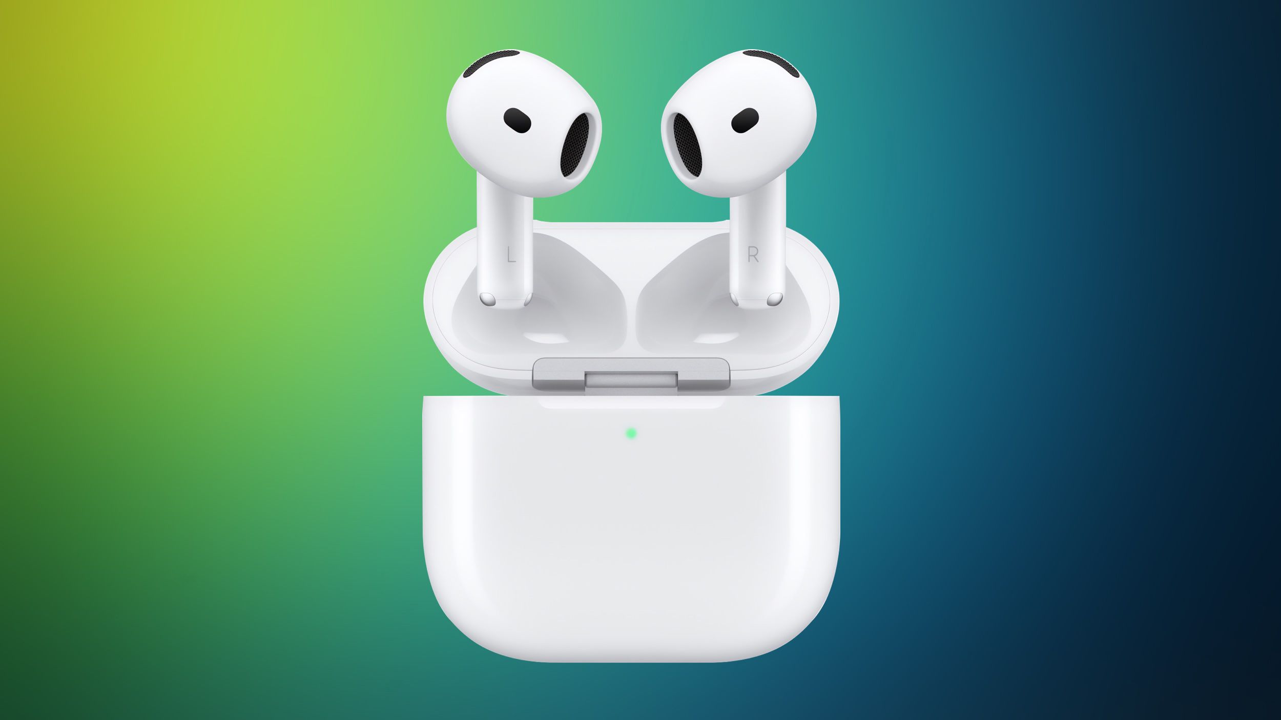 A pair of white Apple AirPods 4 float above their open charging case against a green and blue background.