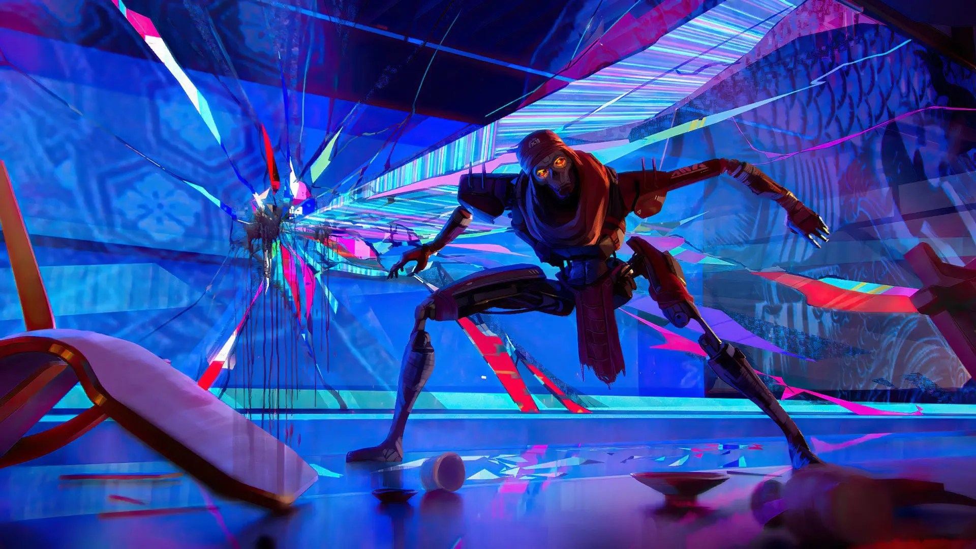 Revenant from Apex Legends crouches in a low stance before a shattered, neon-lit glass wall.