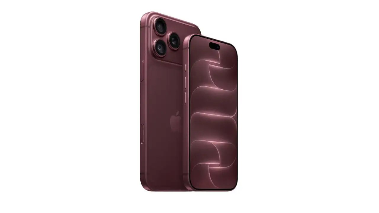 A concept design of the iPhone 18 Pro in a deep plum color, showing its front and back.