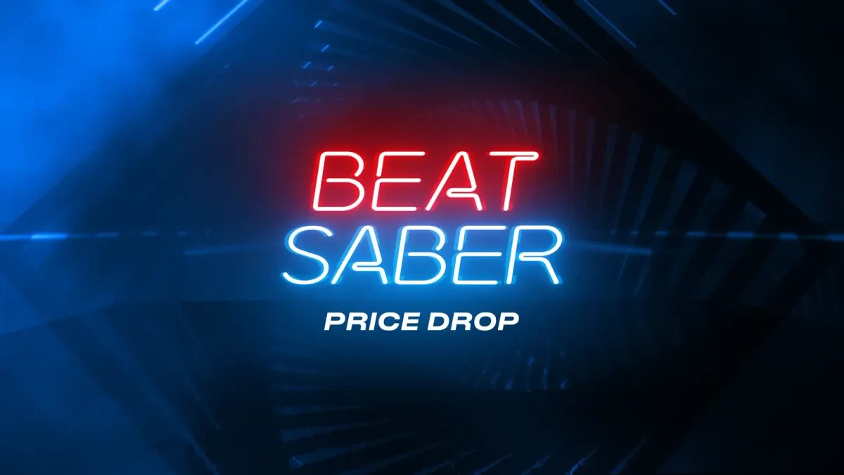 The glowing neon logo for Beat Saber with the text "PRICE DROP" written underneath on a blue background.