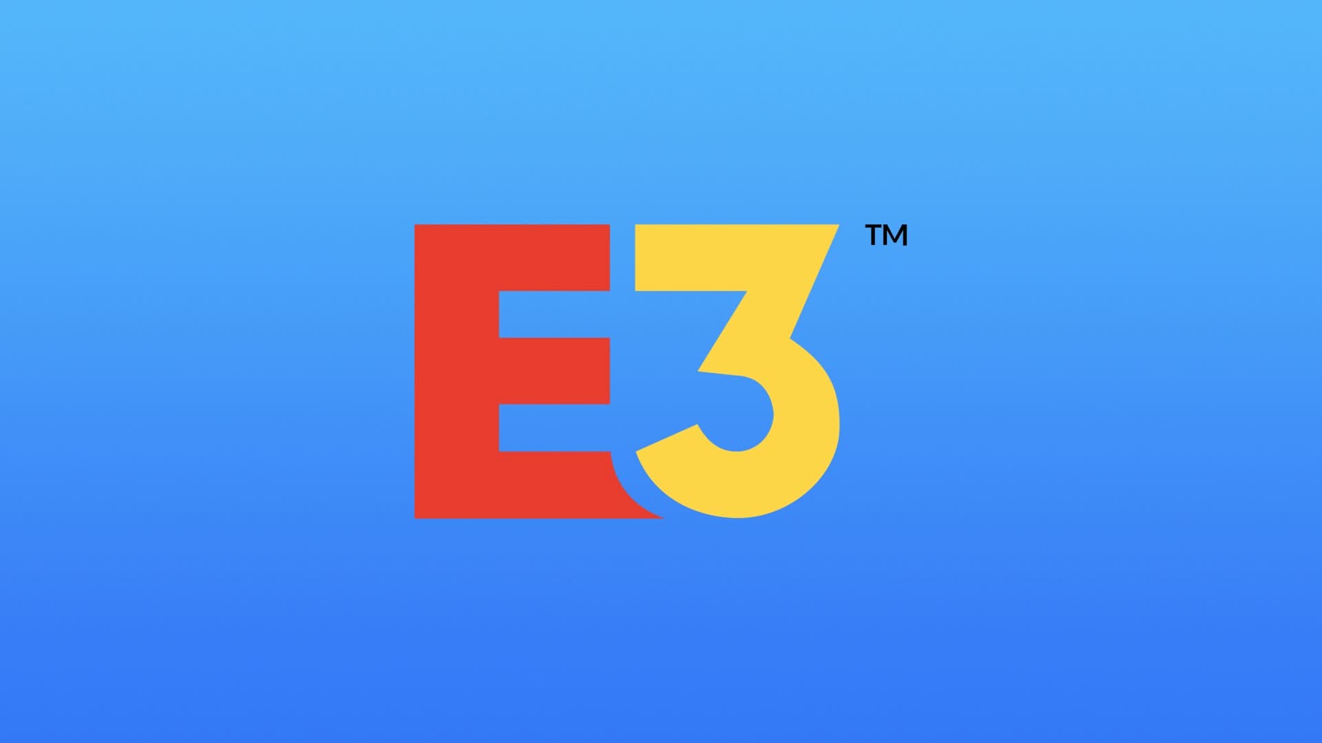 The E3 gaming conference logo with a red E and yellow 3 on a solid blue background