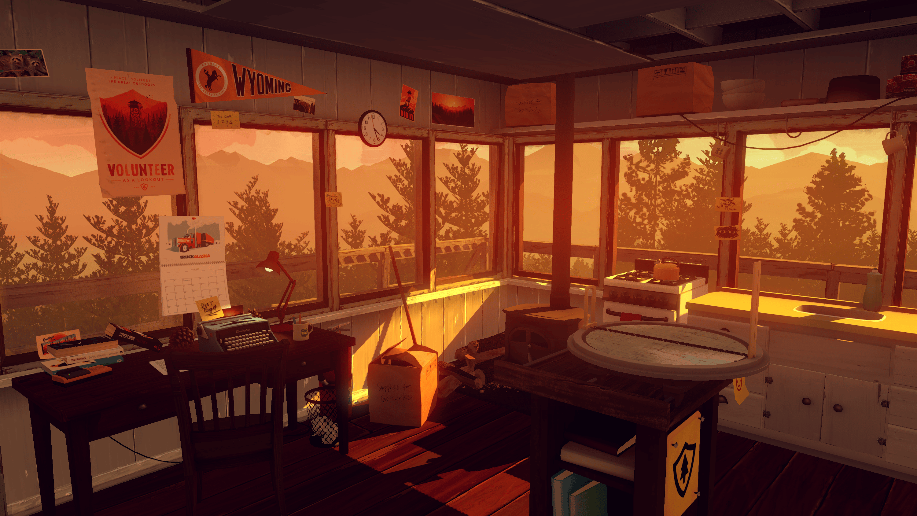 A sunlit Firewatch lookout contains a desk, books, a map table, and cooking equipment