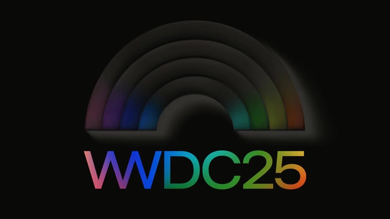 Logo for WWDC 25 featuring a rainbow arch and colorful text.